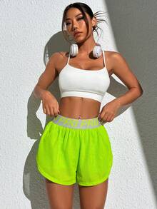 Easithlete Summer Color Block Letter Detail Mesh Insert Sports Shorts - Green - View 4