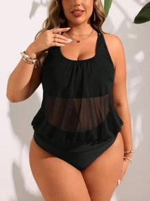 Swim Vcay Bộ áo tankini cổ màu trơn cỡ lớn mùa hè có đáy hình tam giác - màu đen - Xem 3