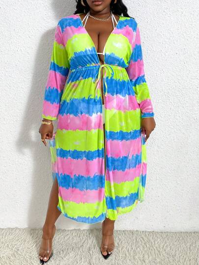 SHEIN Swim Curve Kimono con cinturón de Obi con estampado tie-dye y abertura lateral para mujer de talla grande de verano