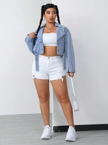 SHEIN LUNE Plus Size Women's Short Fashionable Printed Jacket With Turn-Down Collar And Waist Belt, Denim - Blue - View 3