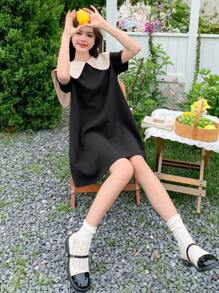 DAZY Vestido corto de verano con cuello de Peter Pan de color contrastante y manga corta para mujer