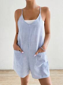 SHEIN EZwear Women's Summer Casual Striped Jumpsuit With Double Pockets