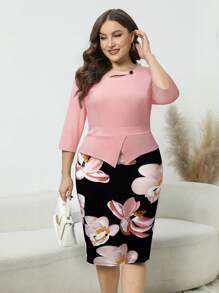HOMEYEE Đầm Plus Size Cắt ra Chia Dây kéo Hoa Thanh lịch - Nhiều màu - Xem 1