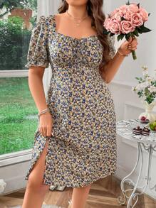 Franclia Vestido de estilo floral campirano de talla grande con mangas abullonadas y ribete de volantes - Multicolor - Ver 6
