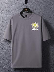 Manfinity Hombres Camiseta de hombros caídos con estampado de dibujos animados y letra - Gris - Ver 3