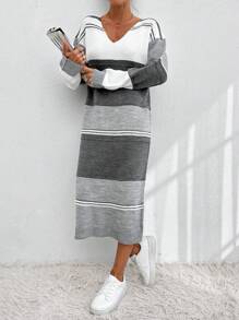 EURMUSE Colorblock Drop Shoulder Sweater Dress - Light Grey - View 6