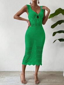 Breezaya 女士無袖針織連衣裙，搭配貝殼邊緣設計 - 綠色 - 查看 4