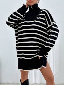 EURMUSE Women Stiped Knit Design Knit Dress With Zipper Detail - Black and White - View 4