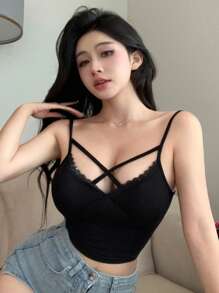 DAZY 女士纯色拼接蕾丝镂空吊带背心上衣外出上衣夏季背心 - 黑色 - 查看 5