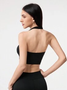 Easithlete Top de treino feminino estilo simples e de cor sólida com alça para o pescoço