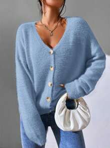 Flirla Cárdigan de mujer esponjoso en colores de macaron - Azul - Ver 3