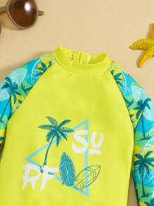 SHEIN Baby Boy/Girl Casual Plant Pattern Long Sleeve Short Romper Swimsuit - Yellow - View 3