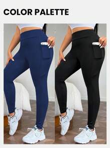 SHEIN EZwear Plus Size Women's Solid Color Pocket Leggings - Blue - View 3