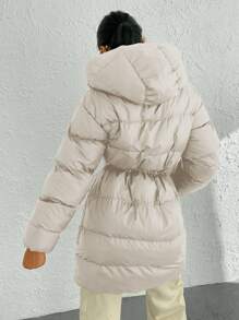 EURMUSE Flap Pocket Drawstring Waist Hooded Puffer Coat - Beige - View 2