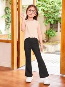 SHEIN Young Girls' One-Piece Cute Holiday Letter Patterned Woven Label Mid-Rise Flare Pants - Black - View 3