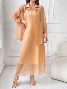 Modelyn Ladies' Solid Color Sleeveless Slip Dress And Front Button Long Sleeve Shirt, Summer Casual 2pcs Outfit - Orange - View 4