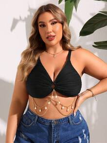 SHEIN Swim Curve Plus Size Black Swimwear Top, Bikini, Summer Beach - Black - View 5