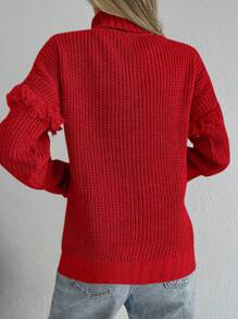 EURMUSE Solid Color Fringed Detail High Neck Sweater - Hot Pink - View 2