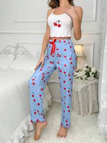 女士樱桃印花吊带背心和长裤休闲睡衣套装 - 藍色 - 查看 6