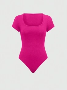 Chiquease Women's Summer Solid Color Square Neck Short Sleeve Cropped Bodysuit And Casual Wide Leg Pants Casual Two-Piece Outfit - Hot Pink - View 4