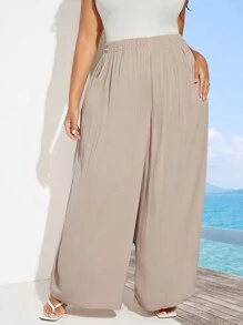 SHEIN CURVE+ Plus Size Women's Elastic Waist Wide Leg Vacation Pants - Baby Pink - View 2