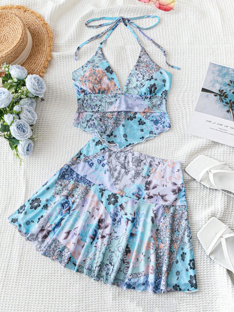 Soleia Bộ áo và váy in họa tiết kỳ nghỉ dành cho nữ - Màu xanh lam - Xem 1