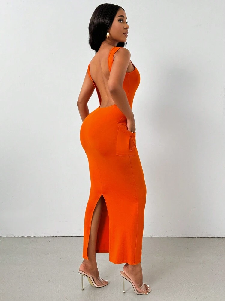 orange dress shein SHEIN BAE Summer Tight Orange Sexy Big Backless Cross Strap Twisted One  Shoulder One Piece Long Dress