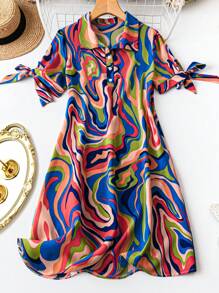 SHEIN LUNE Casual Lapel Neck Half-Placket Woven Dress With Psychedelic Print