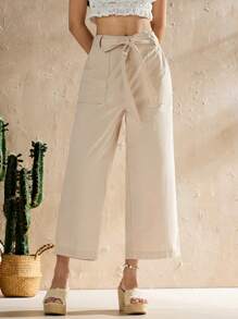 Forever 21 女款休閒寬腿長褲，單色設計 - 杏色 - 查看 4