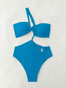 SHEIN Swim Women's Solid Color Asymmetrical Neckline Hollow Out Backless Sexy One-Piece Swimsuit For Summer Beach - Blue - View 8