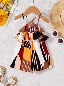 SHEIN Babygirl Summer Vacation Casual Floral Print Ruffle Trim Halter Neck Romper, Lightweight Girls Summer Outfit Sets 2pcs Set Toddler Girls Summer Two Piece Set Toddler Two Piece Sets Toddler Open Back Romper - Multicolor - View 2