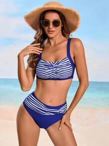 Swim Lushoire Conjunto de bikini de mujer de verano con rayas, nudo trenzado y estampado floral aleatorio, 2 piezas