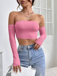 SHEIN PETITE Solid Off Shoulder Crop Off Shoulder Top - Pink - View 1