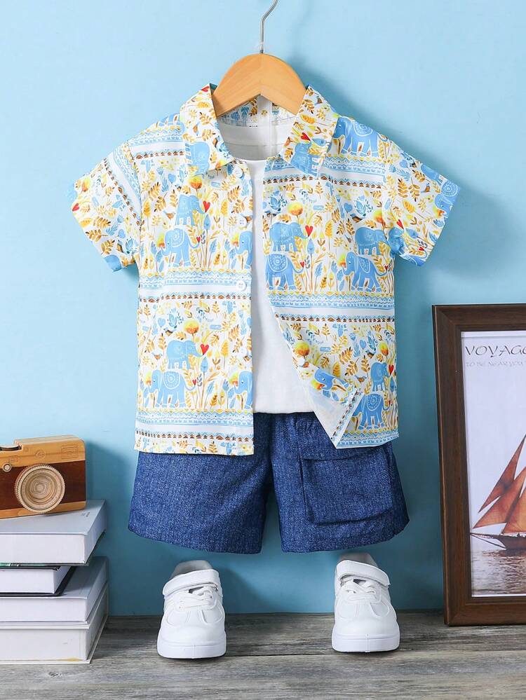 Infant Elephant Holiday Printed Shirt With Matching Shorts