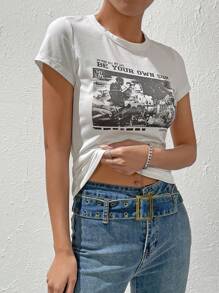 SHEIN EZwear 女款 Y2K 90 年代复古标语吉他图案短款 T 恤