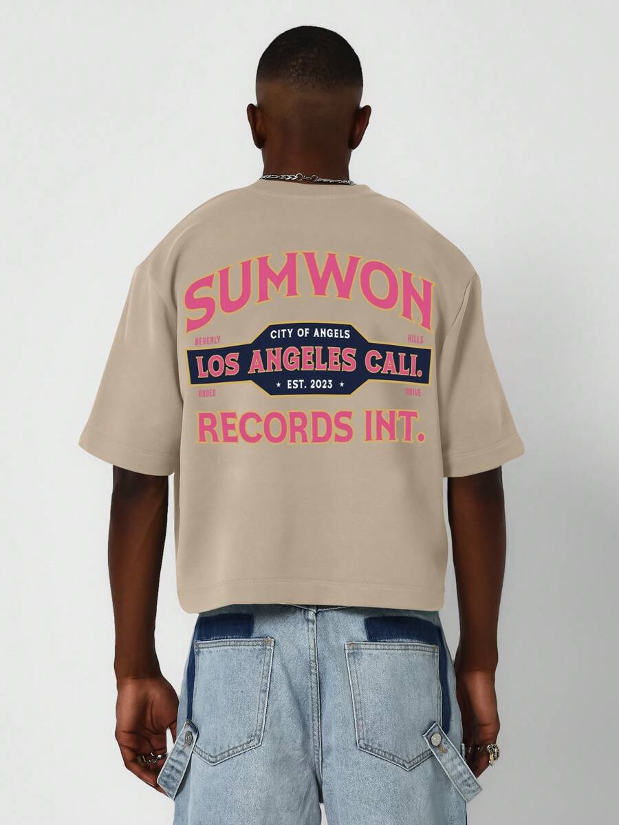 SUMWON Crop Fit Short Sleeve Tee With Front And Back Graphic Print - Khaki - View 1