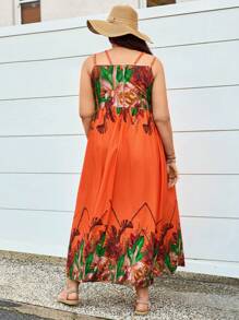SHEIN VCAY Vestido de talla grande sin mangas con estampado floral, pliegues en el pecho y tirantes anchos - Naranja - Ver 2