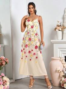 SHEIN Belle 女士網紗刺繡V領優雅伴娘禮服，細肩帶款式 - 米色 - 查看 4