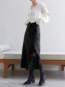 Dazy-Less Hoher Bund Spaltrock aus PU-Leder im Old Money Stil, Business Lässig Arbeitskleidung für Frauen, Herbst/Winter - Schwarz - Übersicht 8