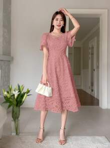 DAZY Lantern Sleeves Single-Breasted A-Line Slim Chiffon Dress Summer Sundress - Coral Pink - View 4