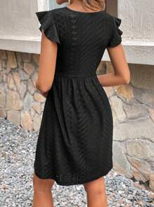 SHEIN Frenchy 夏季婚禮季單色V領無袖蕾絲拼接優雅中長禮服，經典裝束，夏季外出必備，婚禮季節的必備，平房風格 - 黑色 - 查看 4