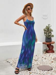 EURMUSE Navy Blue Mesh Printed Long Dress - Navy Blue - View 3