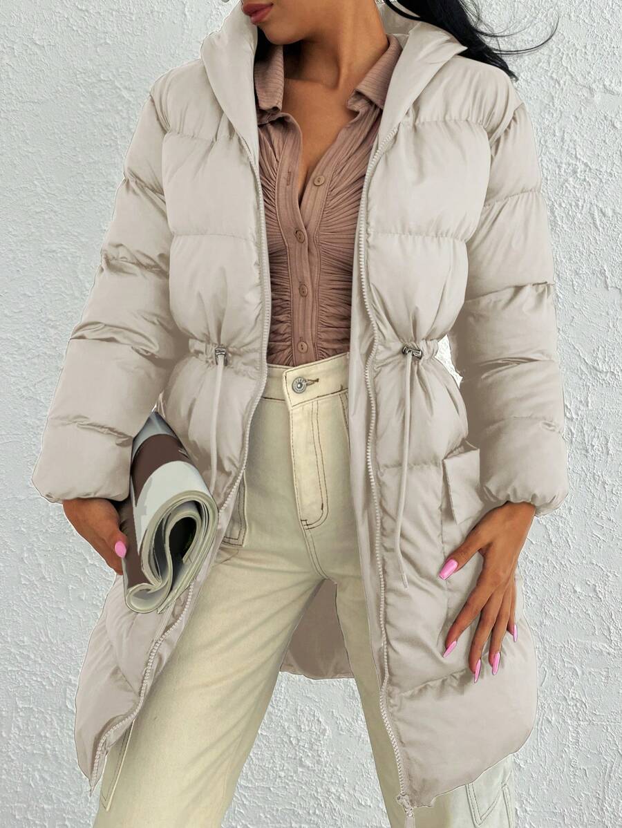 EURMUSE Flap Pocket Drawstring Waist Hooded Puffer Coat - Beige - View 1