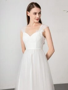 Elegant Lace Patchwork Net Bridesmaid Dress - White - View 8