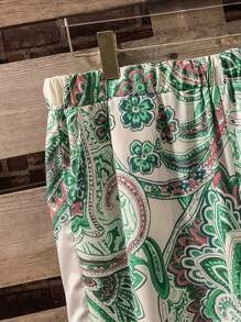 SHEIN LUNE 大碼女士度假植物印花長袖開襟外套和休閒合身長褲休閒兩件套裝