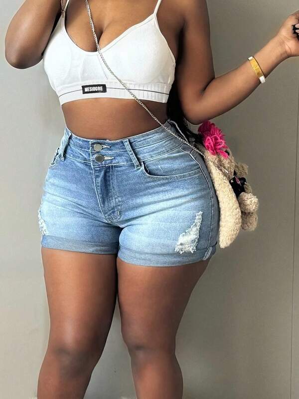 European And American Fashionable Denim Shorts With Multiple Buckle Design For A Slimming Look