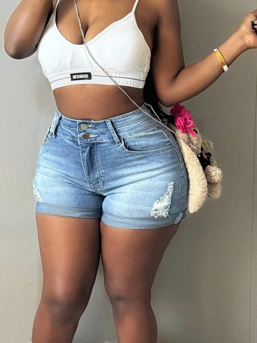 European And American Fashionable Denim Shorts With Multiple Buckle Design For A Slimming Look - Light Wash - View 1