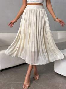 Chiquease Falda Plisada Elegante De Color Liso Para Mujer, Verano - Albaricoque - Ver 5
