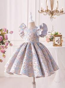 SHEIN Tween Girls Extended Size Elegant &  Woven Jacquard Short Sleeve Dress For Spring And Summer - Multicolor - View 1