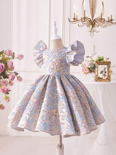 SHEIN Tween Girls Extended Size Elegant &  Woven Jacquard Short Sleeve Dress For Spring And Summer